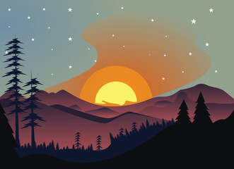 Sunrise or sunset over mountains with tree silhouettes