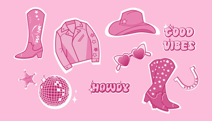 Cowgirl pink wardrobe. Vector pink girlish dolly accessories stickers  - obrazy, fototapety, plakaty