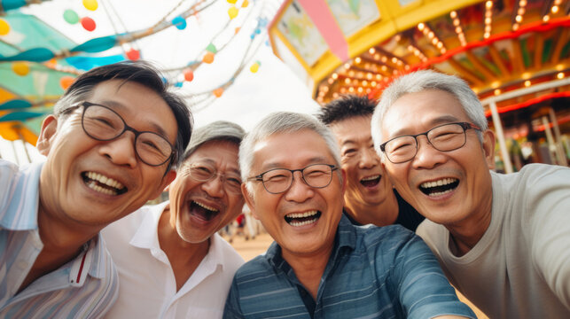 Senior friend group at amusement park. Rides, food, fun retirement activity