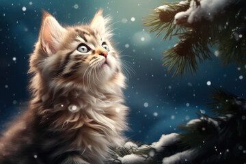 Beautiful fluffy Maine Coon kitten sits under a snowfall against the winter forest background. Tabby Cat walking on the street. Blue copy space background with snowflakes.
