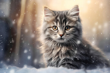 Beautiful fluffy Maine Coon kitten sits under a snowfall against the winter forest background. Cat walking on the street.