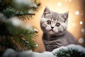 A magical professional portrait of a British cat. Kitten on the snow, spruce branches and light. Scottish fold kitty with snowflakes, Christmas and New Year сopy space background with bokeh.