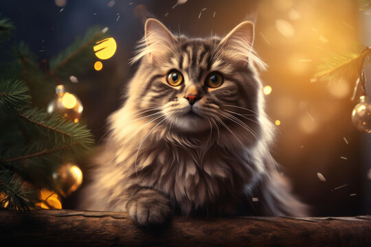 Beautiful fluffy Maine Coon cat sits under a snowfall against the background of a Christmas tree and holiday lights. Paws leaning on a wooden fence, walking on the street. 