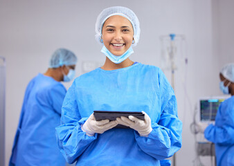 Doctor, woman in portrait with tablet in surgery and operation room, healthcare and digital...