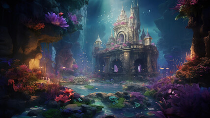 Fototapeta na wymiar a mesmerizing photo featuring a hidden grotto within the Enchanted Atlantis Gardens, with sparkling crystal caves and vibrant underwater flowers