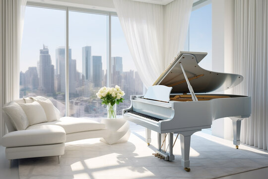 White piano in modern living room with big city background