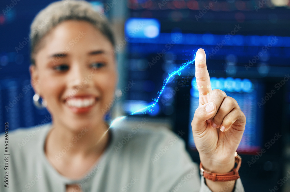 Poster woman, finger and network hologram of data analytics, software development or information technology