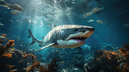 Powerful shark prowling the mysterious depths of the ocean.