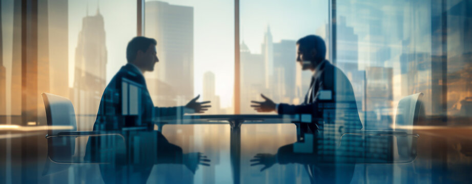 blurred background, businessmen in the office discussing new approaches to doing business. Generative Ai