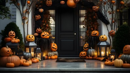 Halloween pumpkin decorations of the home entrance. Modern house decor. - obrazy, fototapety, plakaty