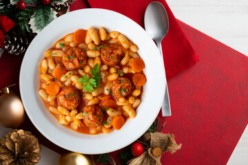 White bean stew with chorizo. Traditional dish of Spanish gastronomy from the Asturias region in...