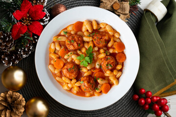 White bean stew with chorizo. Traditional dish of Spanish gastronomy from the Asturias region in the north of the country.