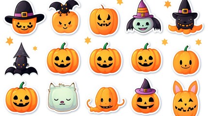 Halloween pumpkins isolated icons or stickers illustrations set