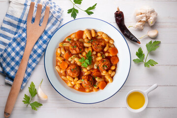 White bean stew with chorizo. Traditional dish of Spanish gastronomy from the Asturias region in the north of the country.