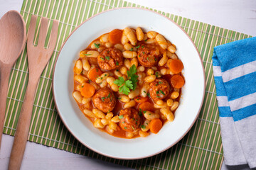 White bean stew with chorizo. Traditional dish of Spanish gastronomy from the Asturias region in the north of the country.