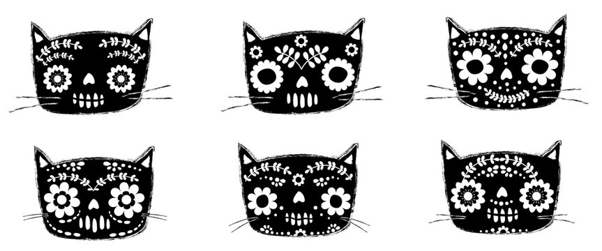
Cute vector Day of the Dead set with floral cat head skulls, Mexican Dia De Los Muertos and Halloween animal graphic design elements