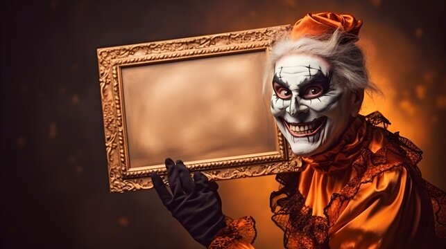 An elderly lady with a blank poster frame in Halloween costume