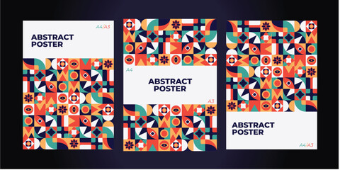 Abstract bauhaus neo geometric pattern poster background set vector illustration.Modern minimalist A4 A3 poster set collection. Perfect for banner, background, pattern, etc.