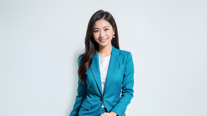 A teenager girl, radiating a charming and lovely smile, dons a casual uniform suit in the company's...