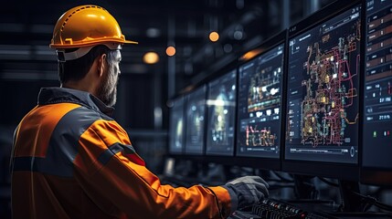 Engineer manager monitors and controls robot arm automation in smart factories in real time monitoring system software, welding robots and digital manufacturing operations