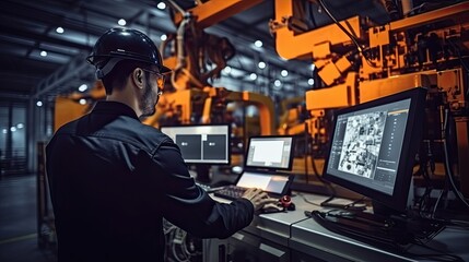 Engineer manager monitors and controls robot arm automation in smart factories in real time monitoring system software, welding robots and digital manufacturing operations