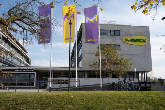 Darmstadt, Germany - November 10, 2021: A building at the headquarters of science and technology company Merck KGaA.