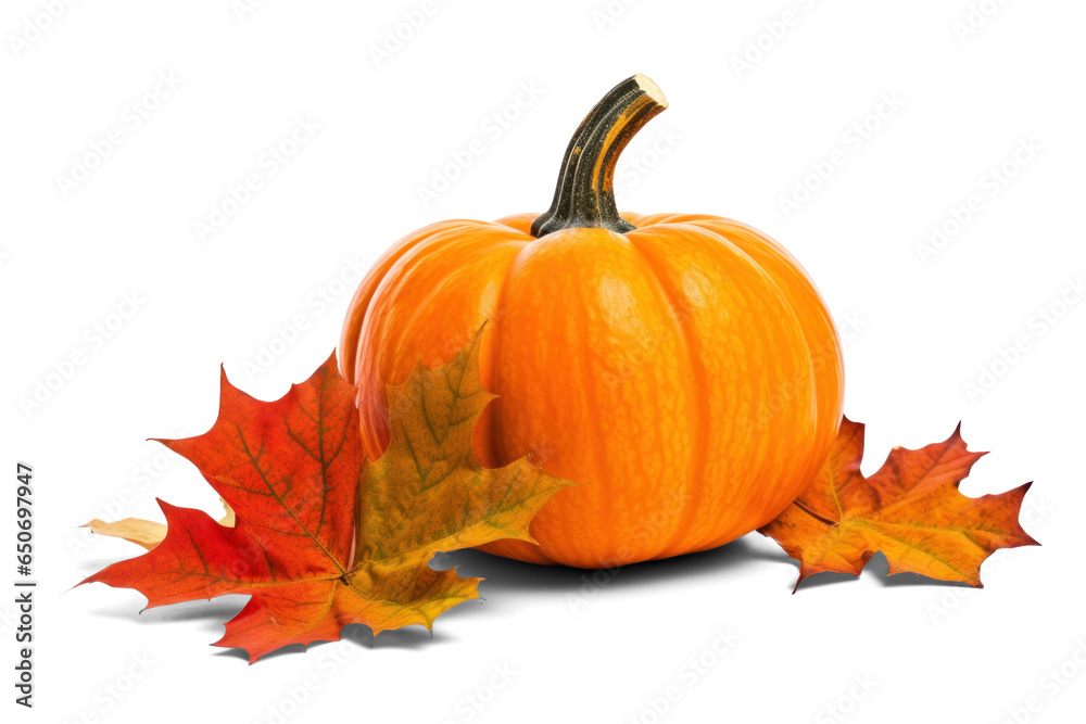 Wall mural pumpkin with maple leaves, png file of isolated cutout object with shadow on transparent background.