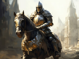 Knight in armor on horseback. Digital art.