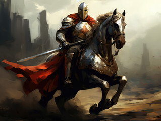 Naklejka premium Knight in armor on horseback. Digital art.