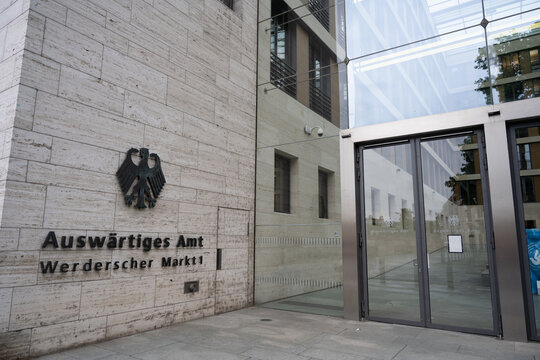 Berlin, Germany - June 20, 2022: Entrance to the Ausw&auml;rtiges Amt (Federal Foreign Office) building.