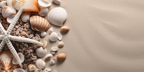 AI Generated. AI Generative. Nautical beach marine seascape sea shell sand island copy space mock up background. Graphic Art