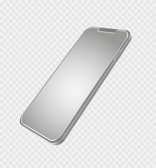 Smartphone mockup in rotated position. Mobile phone in perspective view. Template for presentation 3D realistic device. Vector illustration for banner, flyer, business card on transparent background.