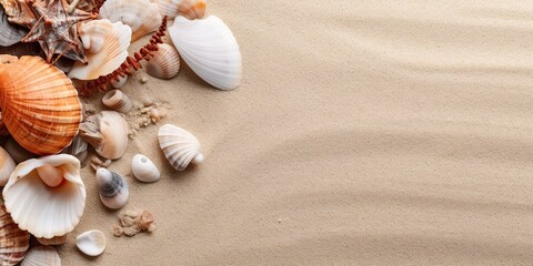 AI Generated. AI Generative. Nautical beach marine seascape sea shell sand island copy space mock up background. Can be used for vacation relax travel inspiration tour
