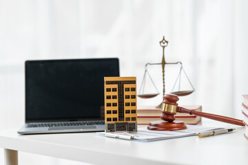 Property Lawyer desk with gavel and contract paper of attorney, nobody, no people