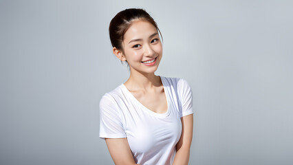 A casual relaxed day for Asian girl, who exudes beauty and charm with her captivating smile. She appears smart in her white T-shirt, showcasing her well-toned physique. Generative AI.
