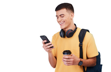Man, student and phone with backpack for education chat, social media and e learning communication....