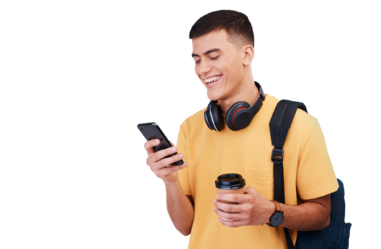 Man, student and phone with backpack for education chat, social media and e learning communication. Happy, young person on mobile for university, travel or news isolated on transparent png background