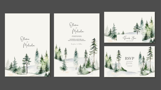 Templates with Forest Background, Spruce and Pine Trees in Watercolour Style. Vector