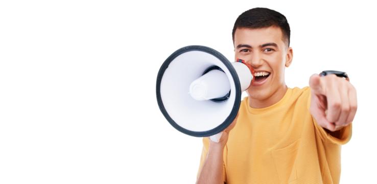 Young man, megaphone and announcement, choice or broadcast for winner, join us or winning opportunity. Face of person with voice, pointing you and competition isolated on a transparent png background