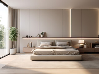 Interior design modern minimal bedroom, interior luxury style, resort or hotel, interior design minimal style, three-dimensional, generative ai.