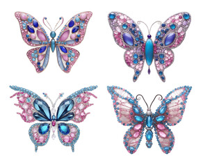 Set of gem encrusted butterfly jewelry in pink, blue and silver colors. Transparent background.