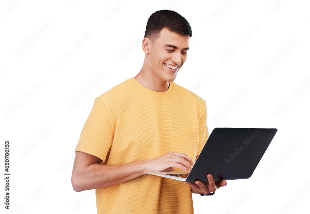 Canvas Prints Man, student and laptop for education, e learning studying and college research or registration FAQ. Person typing, computer and online university application, isolated on transparent png background