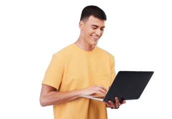 Man, student and laptop for education, e learning studying and college research or registration FAQ. Person typing, computer and online university application, isolated on transparent png background