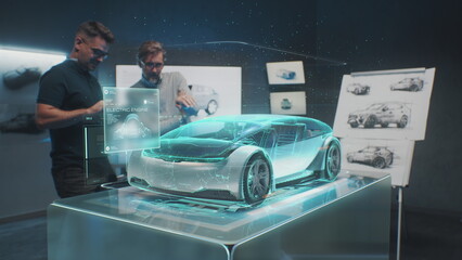 Two professional automotive engineers choose body of new eco-friendly electric car using futuristic augmented reality hologram. 3D computer graphics of vehicle high-tech developing. VFX animation. - obrazy, fototapety, plakaty