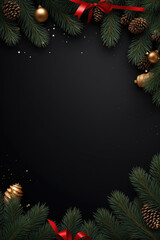 Christmas frame with xmas tree on black canvas background. Merry Christmas card. Winter holiday theme. Happy New Year. Space for text