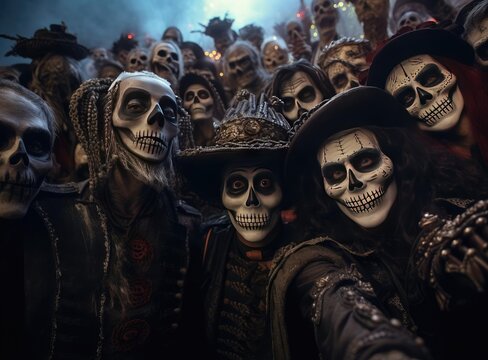 A Group Of People In Costumes Of The Dead At The Dia De Los Muertos Festival