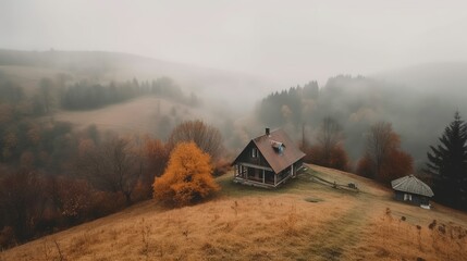 Fototapeta premium Fall vibe landscape with wooden cottage houses and foggy weather 