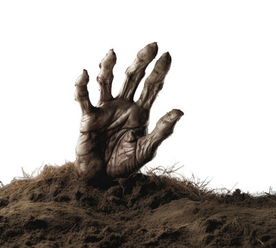 Undead Zombie Stuck His Hand Out Of The Ground, Png File Of Isolated Cutout Object With Shadow On Transparent Background.