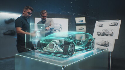 Two professional automotive engineers choose body of new eco-friendly electric car using futuristic augmented reality hologram. 3D computer graphics of vehicle high-tech developing. VFX animation. - Powered by Adobe