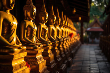 Fototapeta premium A row of golden buddhist statues, traditional buddhist architecture, ai generated.